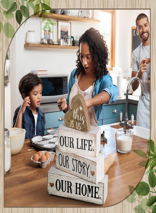 Conelist 4 Pcs Wooden Farmhouse Tabletop Decor Farmhouse Tiered Tray Decor Our Home Centerpiece Wooden Heart Rustic Decorative Block Sign for Table Kitchen Shelf Desk Decoration - Image 5